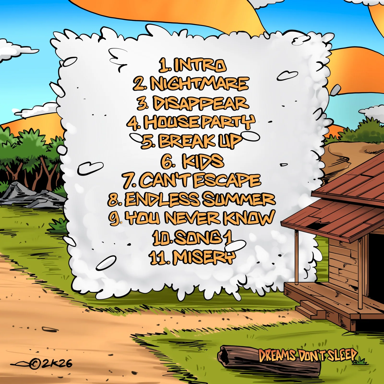 Illustrated back cover of Dreams Don't Sleep showing the album tracklist